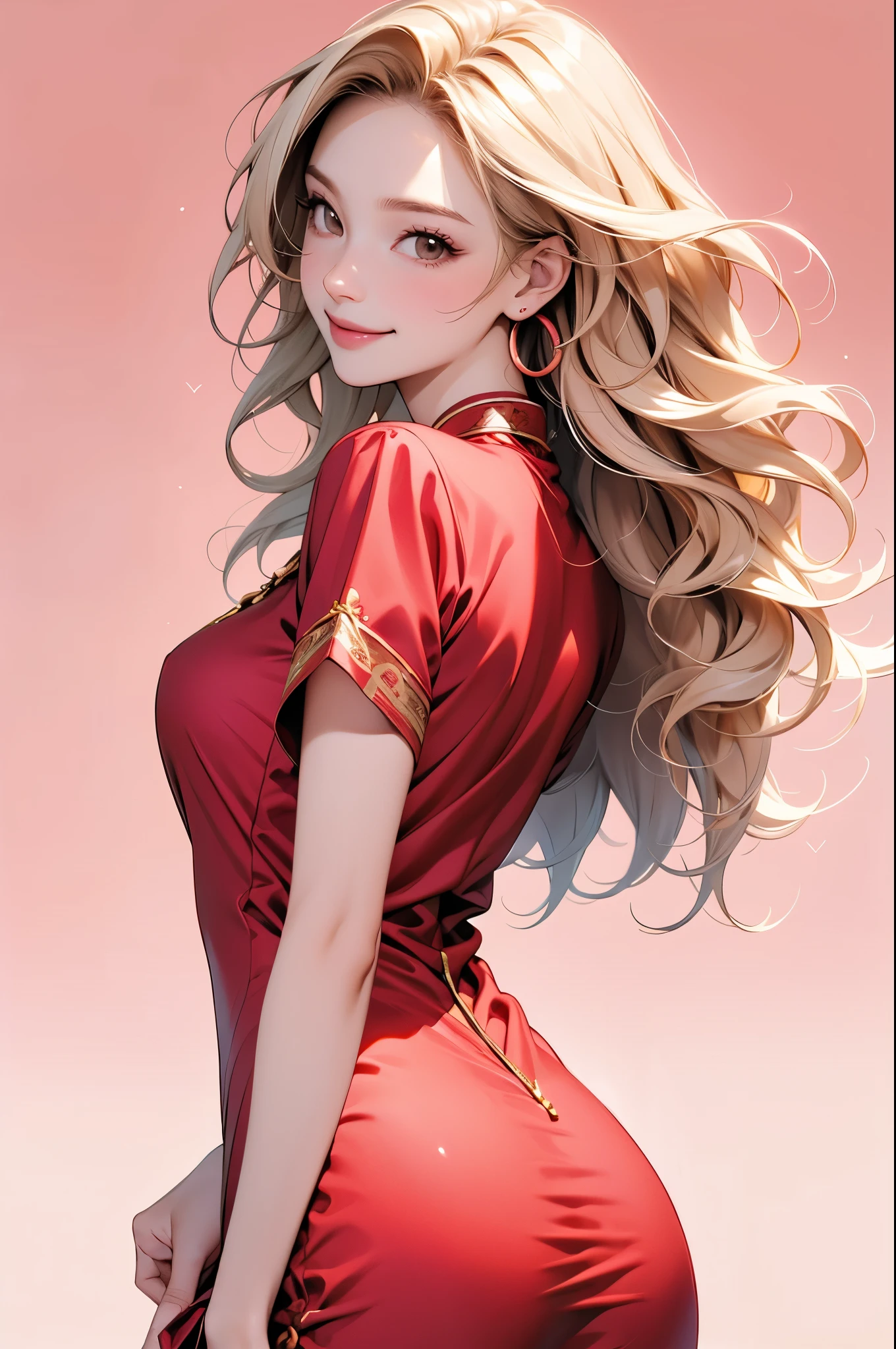 high resolution,smile,happy,light smile,woman,woman1人,adult,Clear,cute,
Blonde Hair,BREAK, Brown eyes,BREAK,wavy hair, long hair, BREAK,
Red Chinese dress,Short sleeve cheongsam,BREAK,
Sparkly earrings,
Facing forward,BREAK,Pink background,