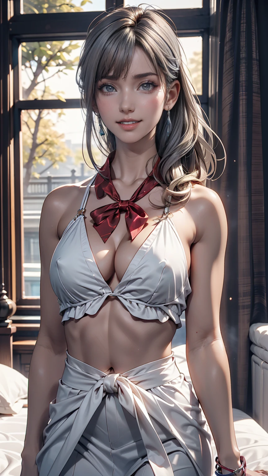 Iris, woman1名, (woman)), alone, Genuine, Highest quality, photoGenuineistic, masterpiece, 8k, High Definition, alone, HDTV Face, Soft lighting, Bedroom, ((Daytime)), null, (looking at the camera), (Portraiture: 0.6), whole body, (Medium Hair), ponytail, Brown Hair, Floating Hair, lips, lipstick, seductive smile, Floating Hair, smile, Open your mouth, teeth, eyelash, Nogizaka46, Tada Moeka, Akari Suda, Idol, beautiful girl, ((uniform)), (((Are standing)、Sexy proportions、Narrow waist、Erotic female body、Black Hair、Inner color of silver hair((colored inner hair))、Silver accessories on the wrist、Realistic shaped breasts(Hanging down due to gravity)Nipple swelling emphasis、smile