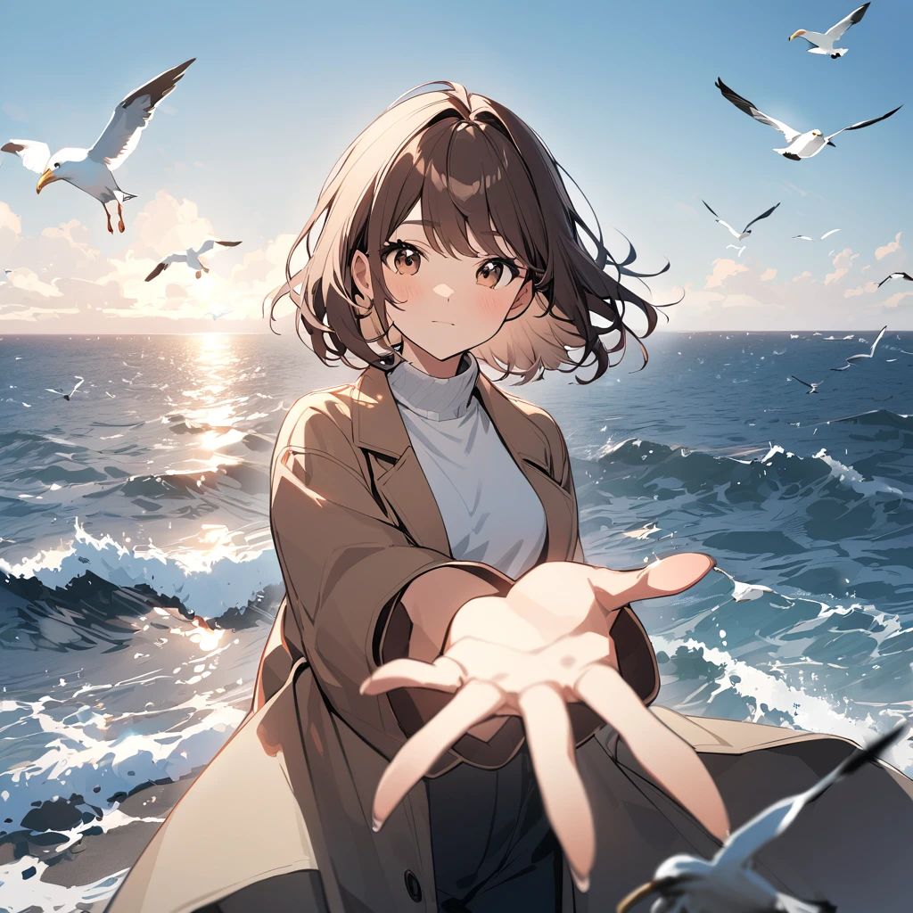 A girl with wavy brown bob hair wearing a dark beige coat. The sea, lots of seagulls, blue sky, reaching out.