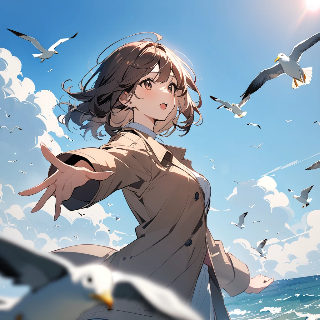 A girl with wavy brown bob hair wearing a dark beige coat. The sea, lots of seagulls, blue sky, reaching out.
