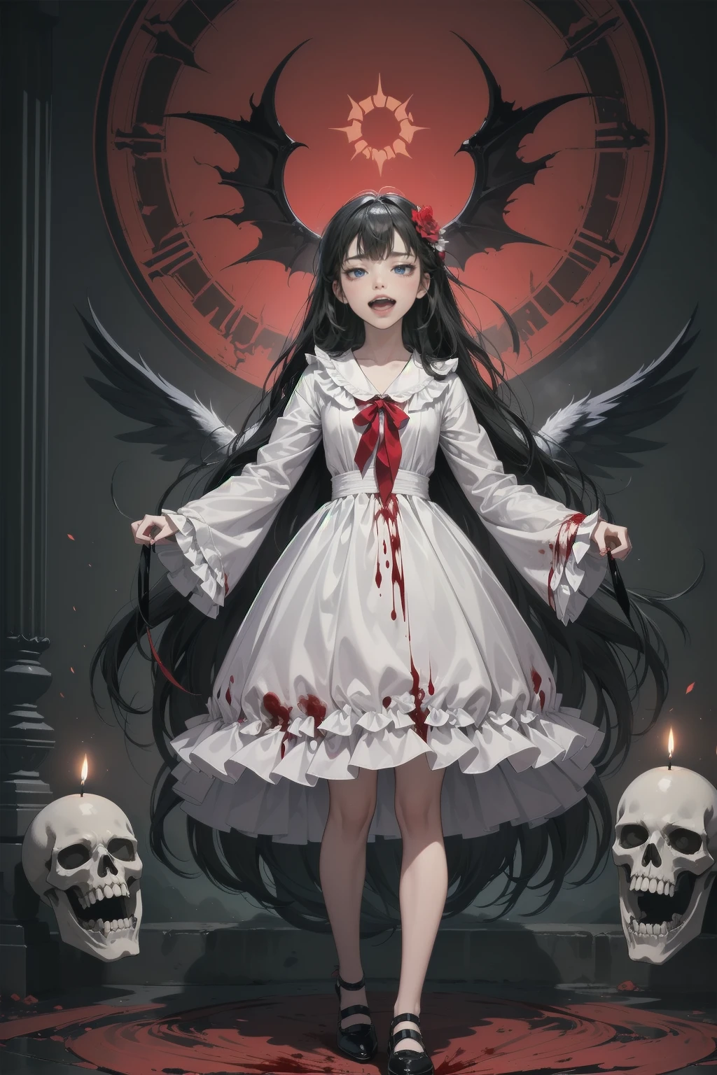 (((Highest quality)))(((High resolution)))外見は黒いfog,Put on your armor,Modern Battle Suit(((detailed)))The shape is humanoid,Modern weapons(((detailed)))Eyes glow red,The shape is made of glowing purple hearts..(((detailed)))Bone格は人間のようだ、Muscle fibers are visible.,fogのようなもので獲物を探す(((detailed)))Barren Land,dead tree,fog,Chaotic world(((detailed)))Battle Scenes,overwhelmingly strong,Highest quality。(Highest quality,4K,High resolution,masterpiece:1.2),非常にdetailed,Realistic:1.37,masterpiece, Highest quality, Exquisitely crafted, woman, beautiful, elegant, smile, Blood, iridescent Long Hair, bangs, skirt, shirt, Long sleeve, Frills, shoes, (Red and Black:1.4), flower, spooky, Horror, 頭蓋Bones, Long Hair, Black Hair, Candles, Blood, hair flower, Dead, hair ornaments, Bone, doll, 頭蓋Bone, skeleton, Horror (theme),spooky altar background,Dark fantasy,Red color scheme,Ominous atmosphere,Eye-catching,Storytelling,anatomy,Anime Style,Concept Art,beautiful細部までこだわった顔と (((Red eyes ))),A terrifying ritual ,Satanic Ritual,Premature death,Improper behavior,クレイジーなsmile,Scythe Face,Girl Monster, beautiful, Delicate facial features, Sharp Eye, Sharp Fangs, Pale skin, blonde,robot,Cursed Painting, Dark Background, Cinema Lighting, Dramatic Shadows, Gothic style, Gloomy atmosphere, Dark fantasy, One Girl, , Please open your mouth wide, Open your mouth and baring your teeth,Sharp teeth like a beast, Wide lips, very wide mouth, Vermilion cheeks, ,(Bloodしぶき:1.4),Scary smile, smile,Fallen angel design, ねじれたsmile、Bloodまみれの、頭からの出Blood,、Bloodしぶき、,(Bloodしぶき:1.4),Crossbones, 頭蓋Bone,Horrorスタイル, ((Fantasy Fallen Angel Costume)), ((流れるようなBlack Hair)), ,(Bloodしぶき:1.4),womanの曲線, Sexy flat stomach, Perfect hands, Perfect anime face, ((White ta Dress)), Are standing, ((邪悪なsmile)), ,(Bloodしぶき:1.4), Steam circulates, Moonlight Illumination, night lighting, disaster々new devil horns,,(Bloodしぶき:1.6),アニメFallen angel design, ねじれたsmile、Bloodまみれの、頭からの出Blood,、Bloodしぶき、,(Bloodしぶき:1.4),Crossbones, 頭蓋Bone,Gothic architecture、Western architecture、Fantasy World、,Victorian cities, 骸Boneのガス灯,