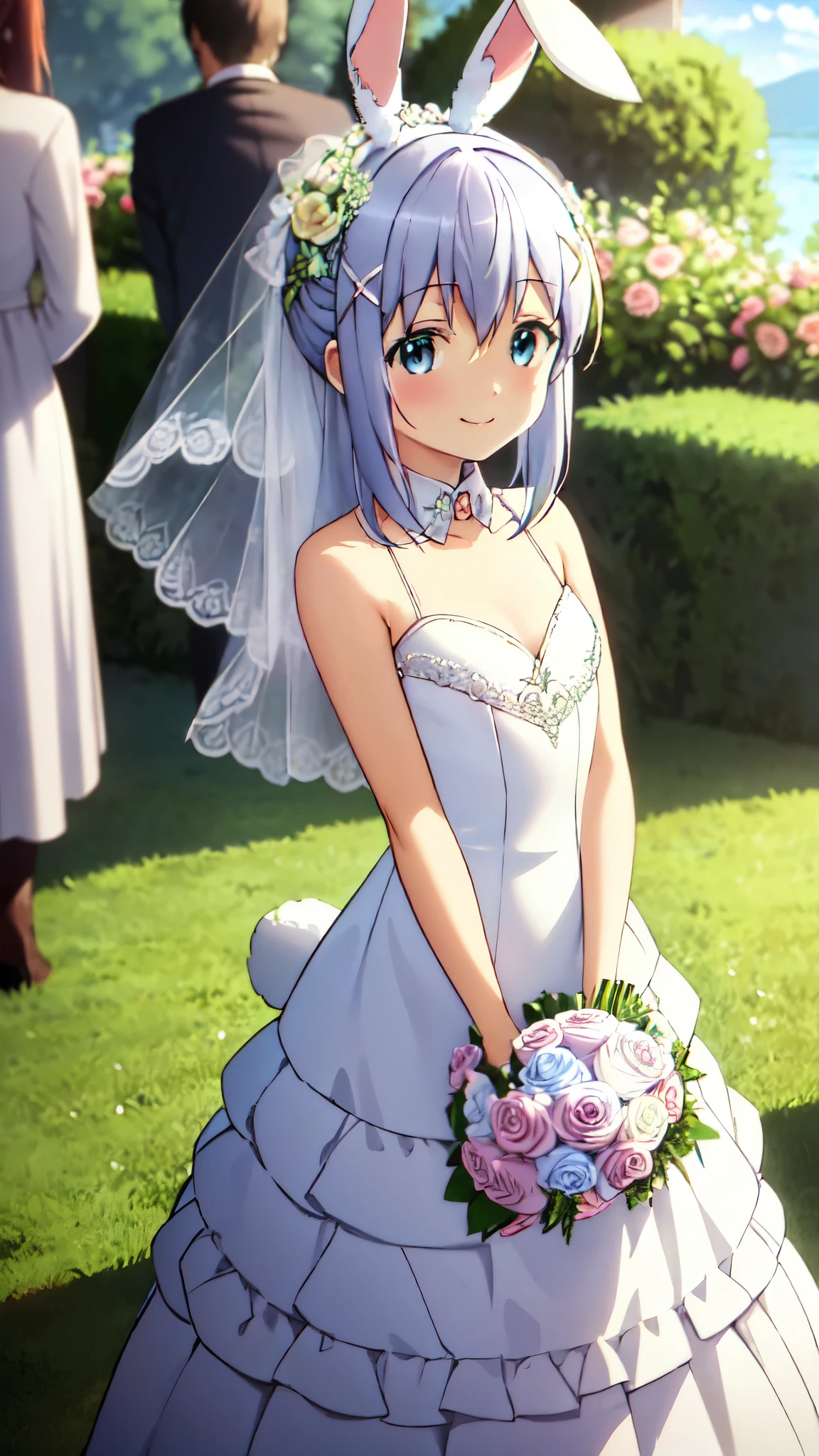 very cute and beautiful girl,(highly detailed beautiful face and eyes),(wedding dress:1.5), standing,tiny colorful flowers on grassland,
(smile),looking at viewer,blue hair,long hair,(Is the order a rabbit:1.2)cowboy shot,
(best quality,masterpiece:1.0),absurdres,highres,ultra-detailed,extremely detailed,32K,
cinematic scene,detailed background,solo,dynamic angle,
hair fluttering in the wind,beautiful detailed sky,