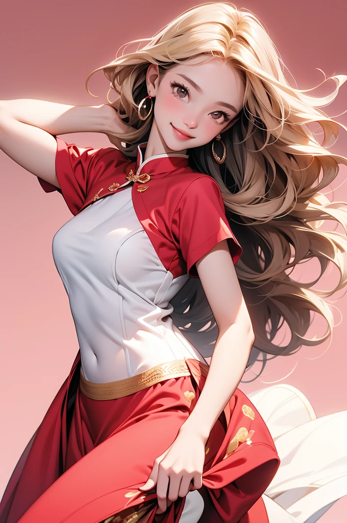 high resolution,smile,happy,light smile,woman,woman1人,adult,Clear,cute,
Blonde Hair,BREAK, Brown eyes,BREAK,wavy hair,long hair,BREAK,
Red Chinese dress,Short sleeve cheongsam,BREAK,
Sparkly earrings,
Facing forward,BREAK,Pink background,