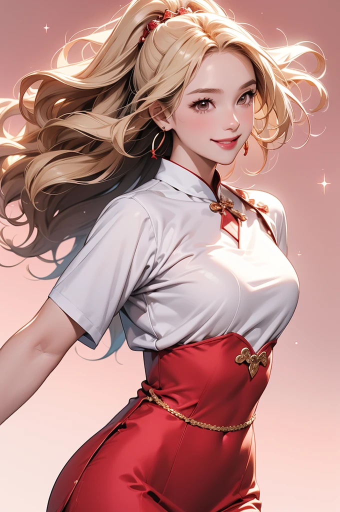 high resolution,smile,happy,light smile,woman,woman1人,adult,Clear,cute,
Blonde Hair,BREAK, Brown eyes,BREAK,wavy hair,long hair,BREAK,
Red Chinese dress,Short sleeve cheongsam,BREAK,
Sparkly earrings,
Facing forward,BREAK,Pink background,