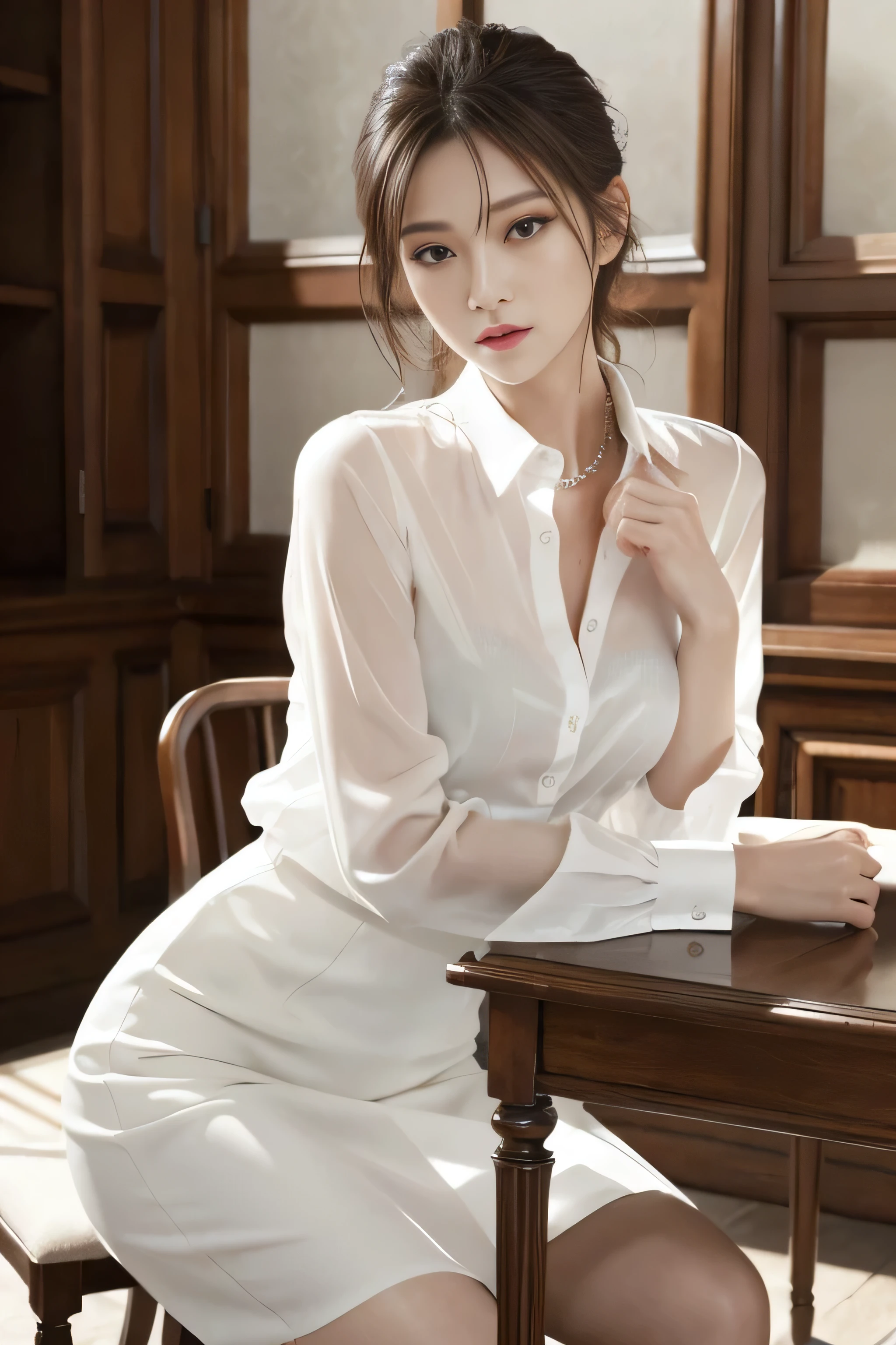 masterpiece, best quality, Practical, Very detailed, Finer details, high resolution, 8k wallpaper, A beautiful woman, Wear an elegant white see-through shirt, Perfect dynamic composition, Pretty and beautiful eyes、sit on the chair、