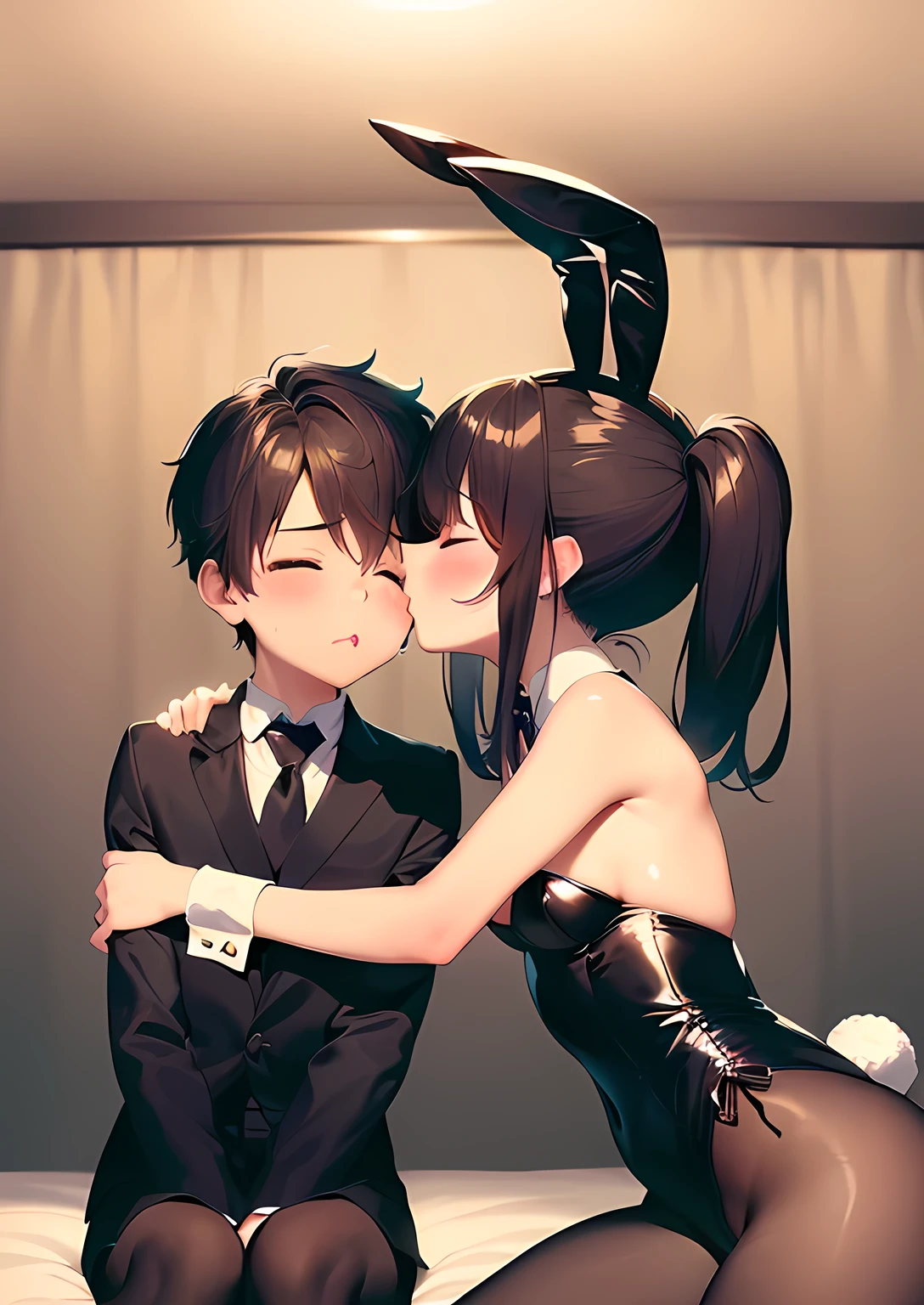 1boy, 1girl, shota, kissing cheek, playboy bunny, stockings, puckered lips, lips, closed mouth, closed eyes, masterpiece, best quality, absurdres, girl kissing boy on cheek, dynamic lighting, lighting effect