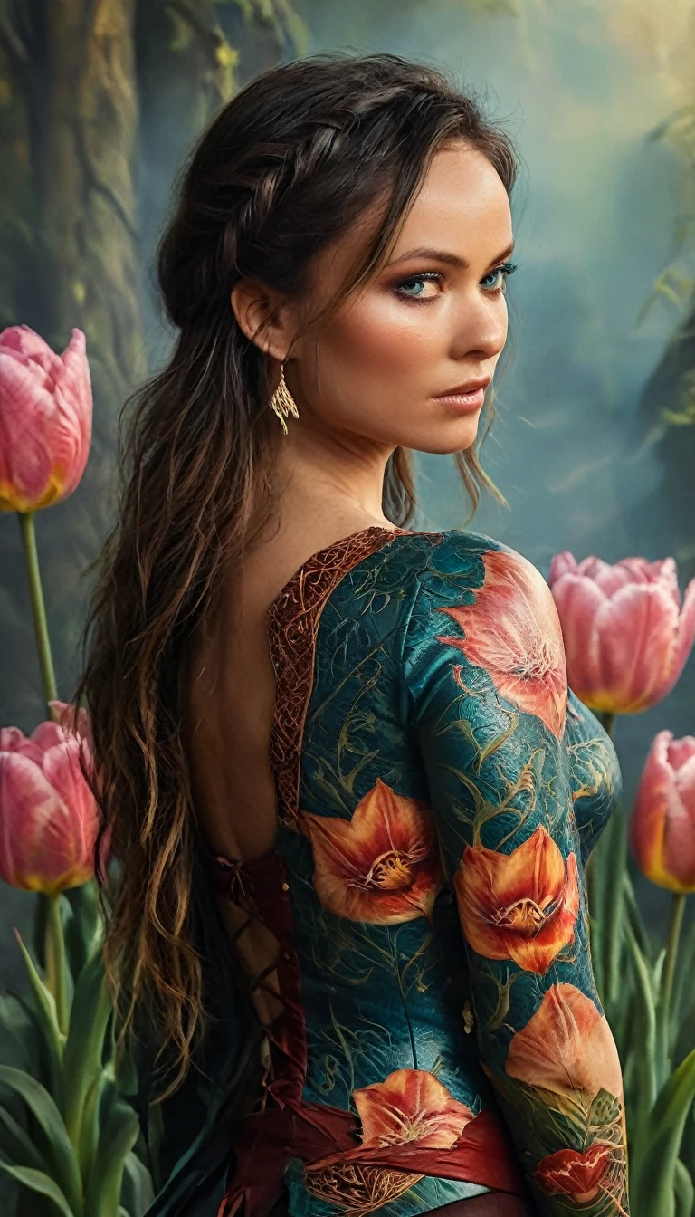 dark fantasy, (realistic, photo-realistic:1.37), (full body shot:1.4), (ohwx woman), Olivia Wild with tribal tattoos on neck and arms, fantasy world, tribal patterns on the tattoos, wearing fantasy bra made from tulip and leather tight trousers,tulips,  immersive fantasy background of tulupa world, rough texture, surreal tulip landscapes, (ethereal beauty:1.1), supernatural elements, (fine art, oil painting:1.3), (expressionless face:0.9), (haunting beauty:1.1), (intricate patterns:1.2), (majestic:1.1), (mystical aura:1.1), (enchanted:1.1), (elegant:1.1), (captivating:1.1), (dark shadows:1.1), stvmccrr, oliviawild