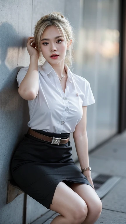 Pretty thai woman sit , (8k, best quality, masterpiece, ultra highres:1.2) Photo of Pretty thai woman beautiful, beautiful enchanting fashion contemporary painting with , (1girl), (white shirt short sleeves), ((black pencil skirt)), belt , , blonde hair, , realistic skin texture , round chin, 85 mm art lens, f 1. 2, sharp focus, 8 k high definition, insanely detailed, intricate, elegant, large breasts, big breasts , black skirt , twin tails hair