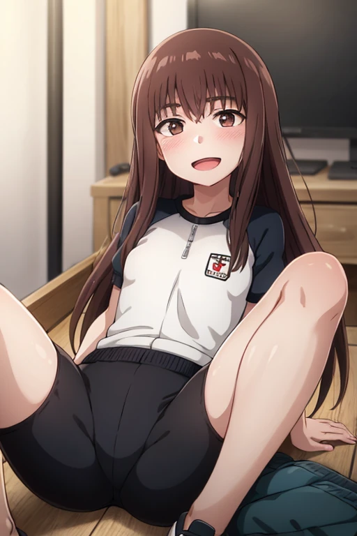 ((Highest quality)), ((masterpiece)), (be familiar with), Perfect Face, indoor, Bedroom, Watching the audience,
One woman, Kiruko,
Open Mouth, Ecstatic expression, blush, smile,
Small breasts, Flat Chest, Young Girl, Lori, child, Girl,
Long Hair, Long Hair,
Gym suit, White short sleeves, Black shorts, Leg spread,