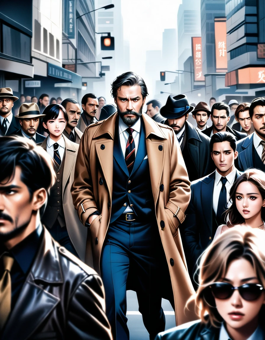 A gritty cityscape shot: a sea of skyscrapers dominates the frame, with people a mere afterthought. The subject, a middle-aged private detective, stands out amidst the crowd's apathy. He wears a scruffy beard, tattered trench coat, and has a sad look on his face. Hands in pockets, shoulders shrugged, he pushes through the throng, hurrying to his office in the midst of chaos., masterpiece, Realistic, raw photo, incredibly absurd resolution, absolute resolution, super high resolution,16k