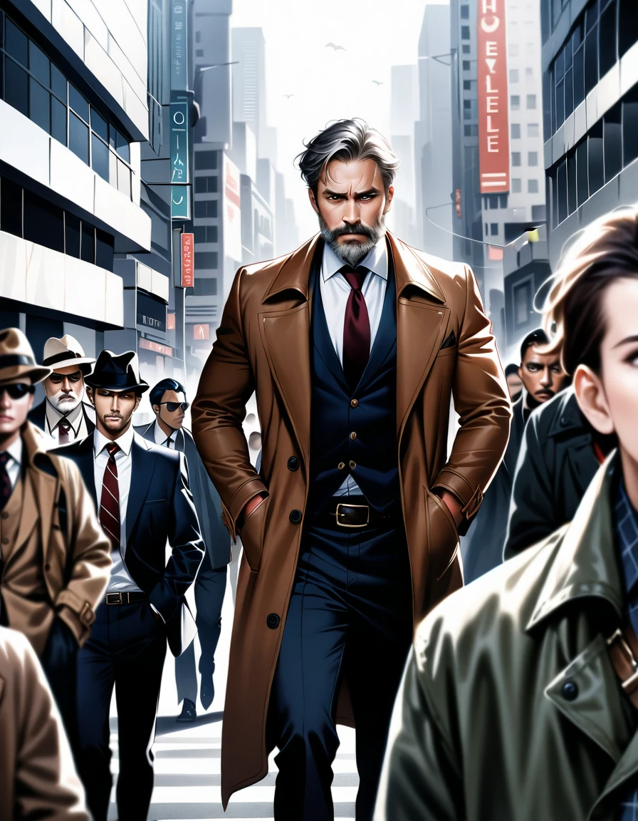A gritty cityscape shot: a sea of skyscrapers dominates the frame, with people a mere afterthought. The subject, a middle-aged private detective, stands out amidst the crowd's apathy. He wears a scruffy beard, tattered trench coat, and has a sad look on his face. Hands in pockets, shoulders shrugged, he pushes through the throng, hurrying to his office in the midst of chaos., masterpiece, Realistic, raw photo, incredibly absurd resolution, absolute resolution, super high resolution,16k