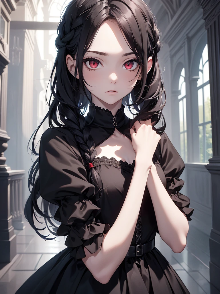 (8K, Best Quality, Masterpiece, Ultra High Resolution) Single Person, 1 Girl, Teenager, Young, Cute Eyes, Face Details, Pale Skin, Slender, Short, Flat Chest, Dark Black Hair, Long Hair, Braided Hair, Red Eyes, Formal Goth Dress, Inside Dark Castle, Best Quality, Upper Body, Looking at the Viewer, Facing Viewer, Close Up