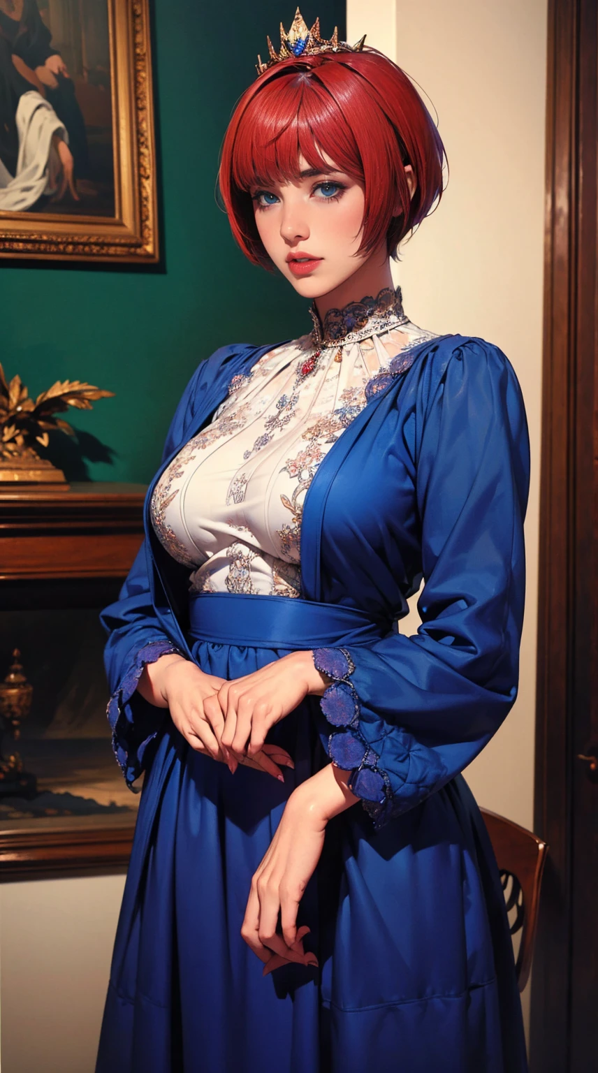 (Ultra-Realistic Rendering, masterpiece, Highest quality) One Queen,Age 35、Voluptuous body、 Ashley Graham RE, alone, chest, View your audience, short hair,Red Hair、(((Pixie Cut))) blue eyes,, jewelry, medium chest, Green Eyes, Upper Body,Brown Hair, parted lips,,chest元には高価なネックレス, lips, Inside the palace, Bobcut, Realistic, nose, A dark blue dress that barely exposes any skin, Standing posture、crown