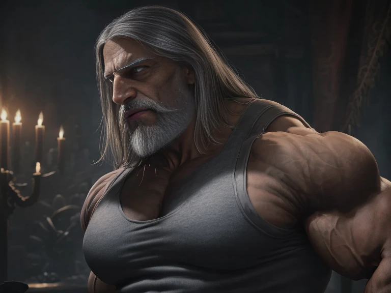 (best quality,4k,8k,highres,masterpiece:1.2),ultra-detailed,(realistic,photorealistic,photo-realistic:1.37),muscle giant man,manly,biggest of all,macrophilia,growth more and more,tight clothes,long grey hair,bearded,serious face,warrior,medieval,looking down to me, blue eyes, ,sculpted muscles,intense gaze,imposing presence,dark and menacing background,dramatic lighting,shadows and highlights,resolute expression,stern and fearless,stoic,commanding presence,muscles bulging,rippling biceps,veins popping,steel-like determination,majestic and powerful,dominant figure,towering height,muscle definition emphasized,strong jawline,stern eyebrows,weathered and battle-scarred appearance,intimidation factor heightened,ominous aura,dark and gritty atmosphere,enchanted sword,glistening with power,powerful aura radiating from him,aura of invincibility,dominance and superiority,otherworldly strength,personification of strength and power, Old man, JP, An award-winning original photo, ( brown skin color), long gray hair, full white beard, A wild muscular old man, (80 years old daddy:1.1), 1boy, Solo, (tanktop), (big shoulders), musculature, stubbles, dark skin, long grey hair, thick grey beard, Detailed face, (evil smile), blue eyes, veins, wrinkles, big old man nose, nose with pronounced bridge and outward curve that protrudes from the base of the nose, dark olive skin color, brown skin, veins, absurdly huge nose, hawk nose, convex nose, well groomed moustache, (flexing his biceps), Dynamic Angle, volumetric lighting, (Best quality, A high resolution, Photorealistic), Cinematic lighting, Masterpiece, RAW photo, Intricate details, hdr, upper body shot, huge man pecs


