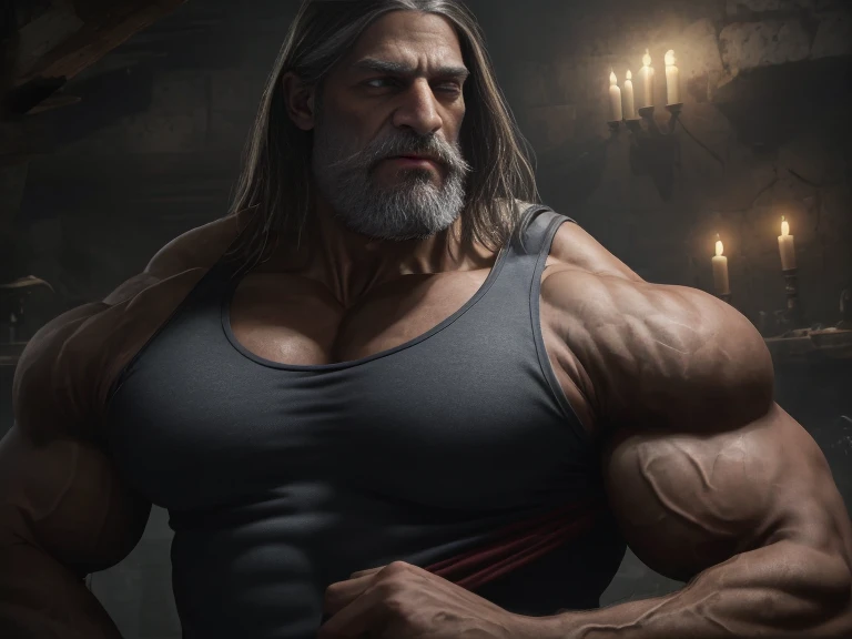 (best quality,4k,8k,highres,masterpiece:1.2),ultra-detailed,(realistic,photorealistic,photo-realistic:1.37),muscle giant man,manly,biggest of all,macrophilia,growth more and more,tight clothes,long grey hair,bearded,serious face,warrior,medieval,looking down to me, blue eyes, ,sculpted muscles,intense gaze,imposing presence,dark and menacing background,dramatic lighting,shadows and highlights,resolute expression,stern and fearless,stoic,commanding presence,muscles bulging,rippling biceps,veins popping,steel-like determination,majestic and powerful,dominant figure,towering height,muscle definition emphasized,strong jawline,stern eyebrows,weathered and battle-scarred appearance,intimidation factor heightened,ominous aura,dark and gritty atmosphere,enchanted sword,glistening with power,powerful aura radiating from him,aura of invincibility,dominance and superiority,otherworldly strength,personification of strength and power, Old man, JP, An award-winning original photo, ( brown skin color), long gray hair, full white beard, A wild muscular old man, (80 years old daddy:1.1), 1boy, Solo, (tanktop), (big shoulders), musculature, stubbles, dark skin, long grey hair, thick grey beard, Detailed face, (evil smile), blue eyes, veins, wrinkles, big old man nose, nose with pronounced bridge and outward curve that protrudes from the base of the nose, dark olive skin color, brown skin, veins, absurdly huge nose, hawk nose, convex nose, well groomed moustache, (flexing his biceps), Dynamic Angle, volumetric lighting, (Best quality, A high resolution, Photorealistic), Cinematic lighting, Masterpiece, RAW photo, Intricate details, hdr, upper body shot, huge man pecs


