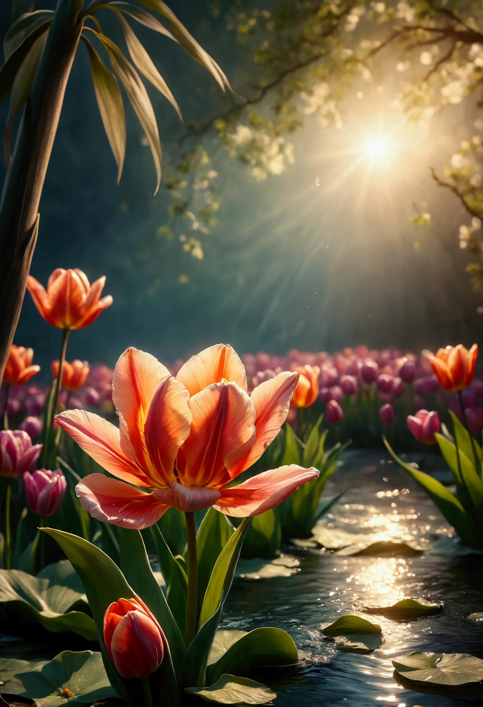((Masterpiece in maximum 16K resolution):1.6),((soft_color_photograpy:)1.5), ((Ultra-Detailed):1.4),((Movie-like still images and dynamic angles):1.3). | (Macro shot cinematic photo of beautiful female in a pond full of tulip), (Beautiful Female), (a pond full of tulip), (focus on the pond full of tulip), (macro lens), (exotic antiques), (glowing tulips), (luminous object), (Mysterious atmosphere), (shimmer), (aesthetic  room accesories), (visual experience),(Realism), (Realistic),award-winning graphics, dark shot, film grain, extremely detailed, Digital Art, rtx, Unreal Engine, scene concept anti glare effect, All captured with sharp focus. | Rendered in ultra-high definition with UHD and retina quality, this masterpiece ensures anatomical correctness and textured skin with super detail. With a focus on high quality and accuracy, this award-winning portrayal captures every nuance in stunning 16k resolution, immersing viewers in its lifelike depiction. | ((perfect_composition, perfect_design, perfect_layout, perfect_detail, ultra_detailed)), ((enhance_all, fix_everything)), More Detail, Enhance.
