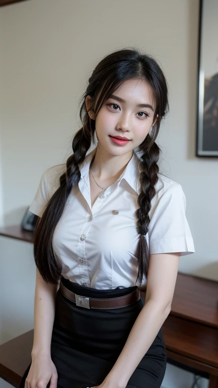 Pretty thai woman sit , (8k, best quality, masterpiece, ultra highres:1.2) Photo of Pretty thai woman beautiful, beautiful enchanting fashion contemporary painting with , (1girl), (white shirt short sleeves), ((black pencil skirt)), belt , , blonde hair, , realistic skin texture , round chin, 85 mm art lens, f 1. 2, sharp focus, 8 k high definition, insanely detailed, intricate, elegant, large breasts, big breasts , black skirt , twin tails hair