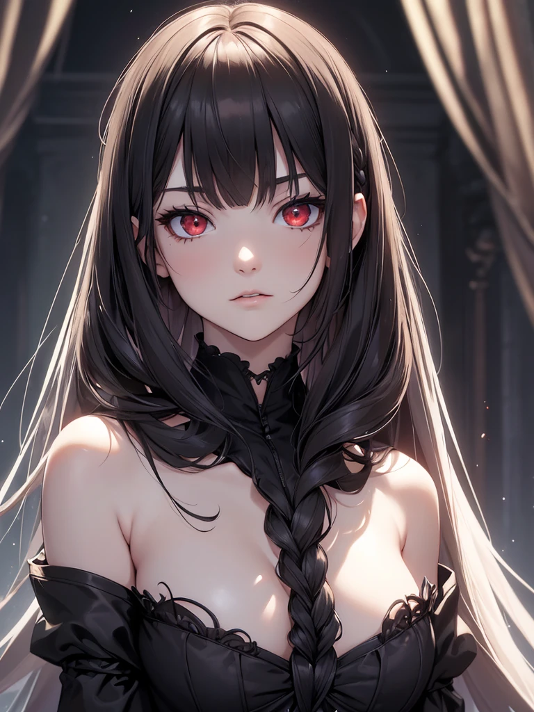 (8K, Best Quality, Masterpiece, Ultra High Resolution) Single Person, 1 Girl, r, Young, Cute Eyes, Face Details, Pale Skin, Slender, Short, Flat Chest, Dark Black Hair, Long Hair, Braided Hair, Red Eyes, Formal Goth Dress, Inside Dark Castle, Best Quality, Upper Body, Looking at the Viewer, Facing Viewer, Close Up