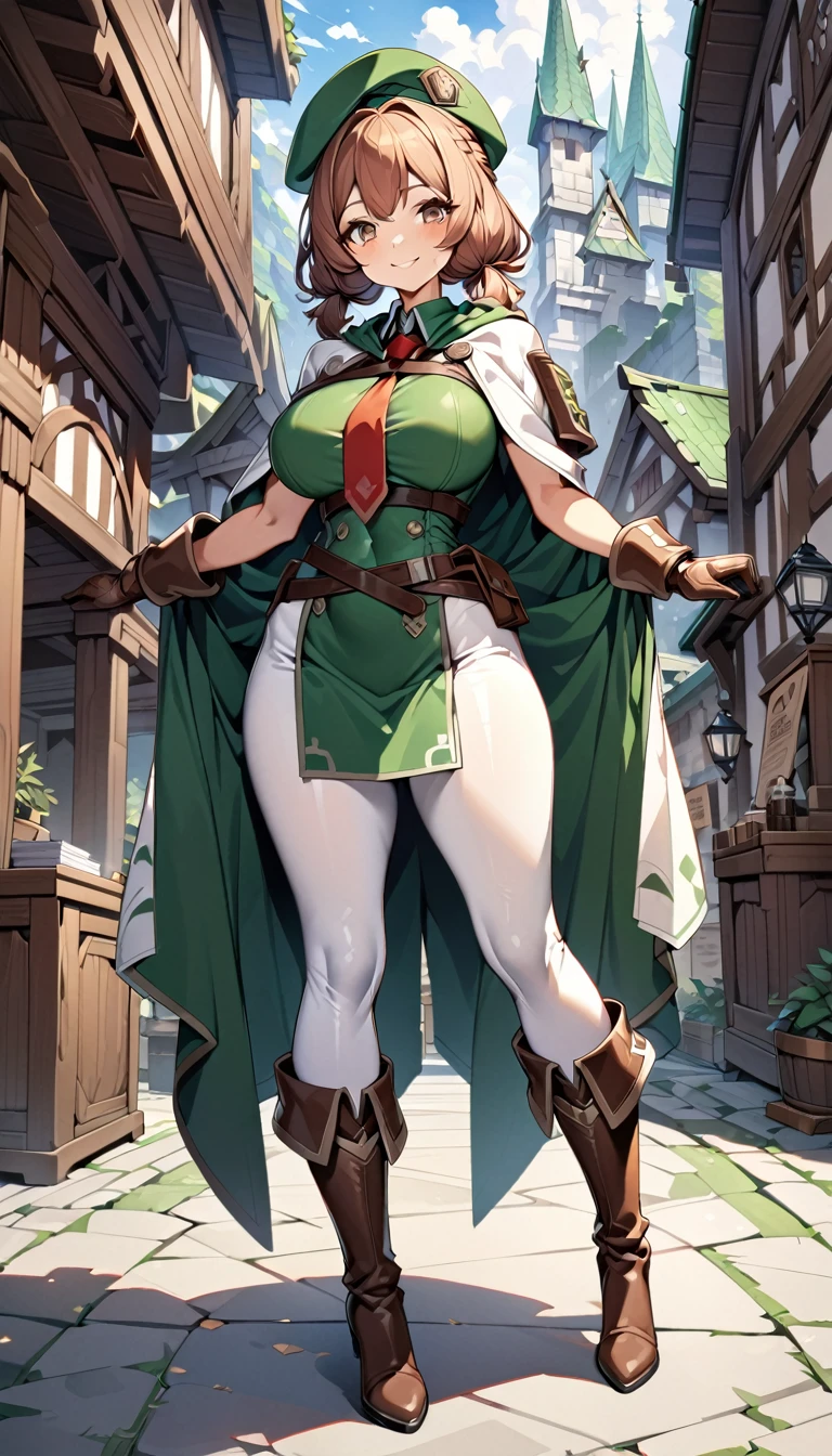 An adventurer guild clerk girl, sexy body, big breasts, big hip, ((green clerk outifit, red necktie, green beret, short cape, leather gloves, leather high heels boots, white leggings)), (short hair, low brown braided-twintail hairstyle), brown eyes, smiling, beautiful face, detailed face, very detailed, beautiful eyes, full body, full body shot, high quality, detailed background, high resolution, 8k resolution, ultra high detail, beatiful skin, perfect body, perfect anatomy, adventurer guild background,