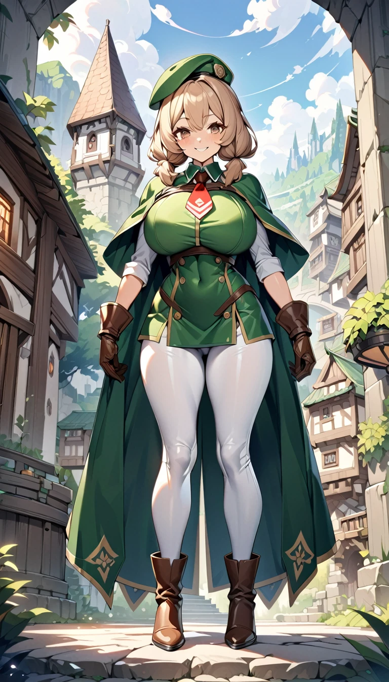 An adventurer guild clerk girl, sexy body, big breasts, big hip, ((green clerk outifit, red necktie, green beret, short cape, leather gloves, leather high heels boots, white leggings)), (short hair, low brown braided-twintail hairstyle), brown eyes, smiling, beautiful face, detailed face, very detailed, beautiful eyes, full body, full body shot, high quality, detailed background, high resolution, 8k resolution, ultra high detail, beatiful skin, perfect body, perfect anatomy, adventurer guild background,