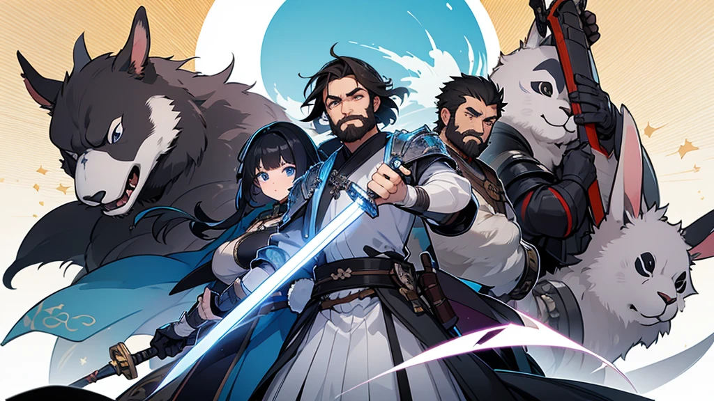 In the background is an old castle at night。1People and2Animal shots。In the center stands a man in his 30s.。The man was wearing heavy armor.、short black hair and blue eyes、bearded。He holds a large sword in both hands。On the right is a rabbit。On the left is a panda。3The characters are doing funny poses