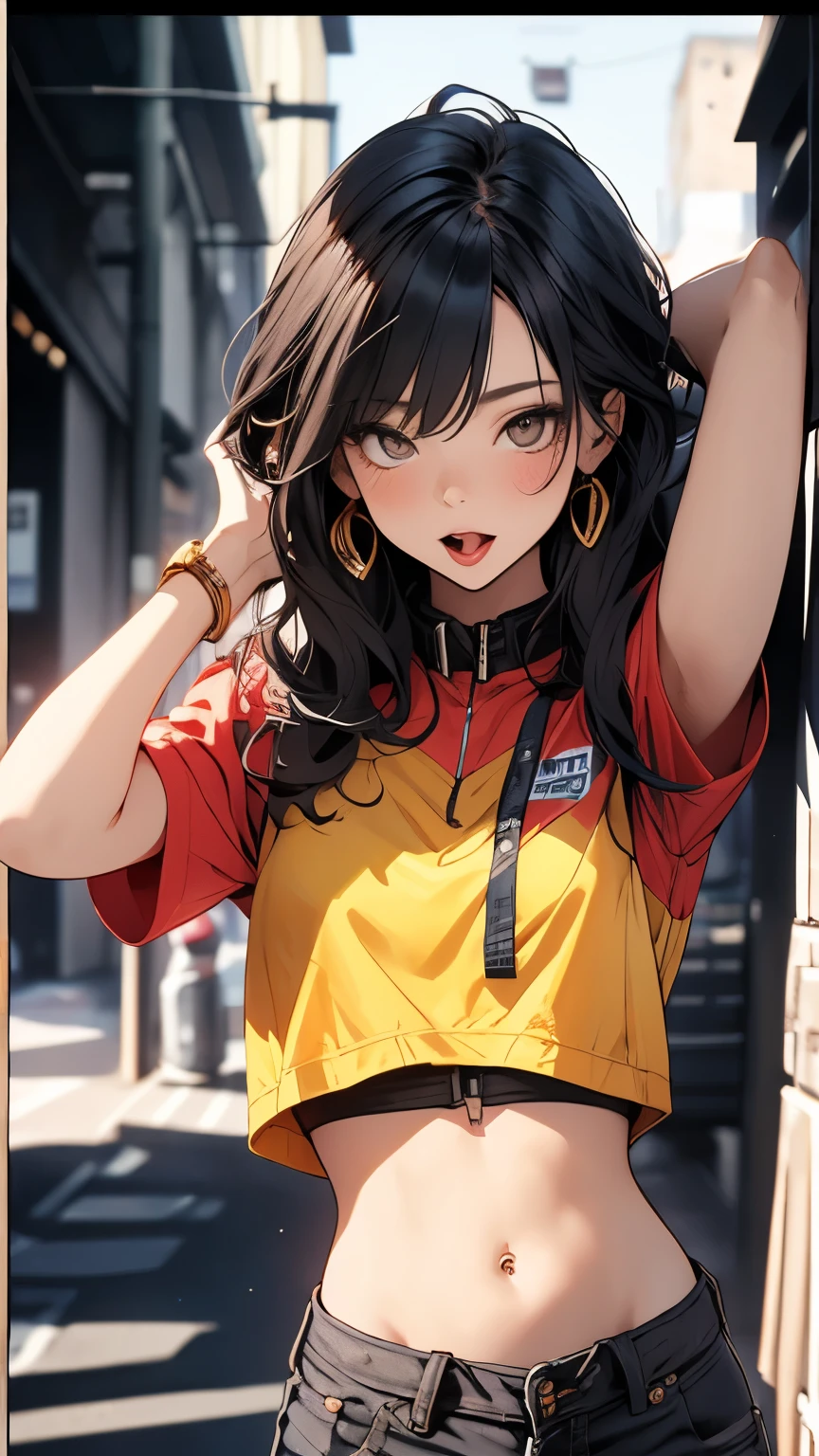 A colorful gold medal poster by a painter who will be remembered for generations to come, viewer's perspective, gravure poster, masterpiece, best quality, vibrant colors, colorful, great details, detailed background, anatomically correct, accurate drawing, detailed drawing, high-end feel, girl kissing: 1.4, tongue, stomach, undressing: 1.0, uniform: 1.2, bra, open mouth, one girl, vivacious, rich, detailed facial expression, mocking facial expression,