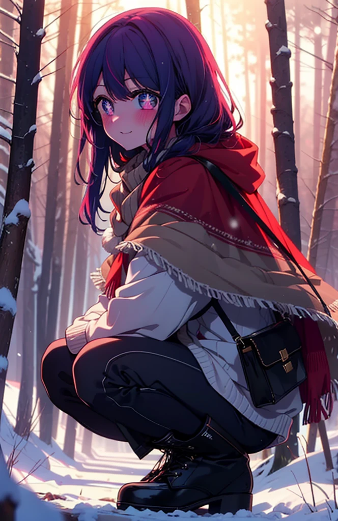 aihoshino, Ai Hoshino, Long Hair, bangs, (Purple eyes:1.1), Purple Hair, (Symbol-shaped pupil:1.5), smile,,smile,blush,white breath,
Open your mouth,snow,Ground bonfire, Outdoor, boots, snowing, From the side, wood, suitcase, Cape, Blurred, , forest, White handbag, nature,  Squat, Mouth closed, Cape, winter, Written boundary depth, Black shoes, red Cape break looking at viewer, Upper Body, whole body, break Outdoor, forest, nature, break (masterpiece:1.2), Highest quality, High resolution, unity 8k wallpaper, (shape:0.8), (Beautiful and beautiful eyes:1.6), Highly detailed face, Perfect lighting, Highly detailed CG, (Perfect hands, Perfect Anatomy),