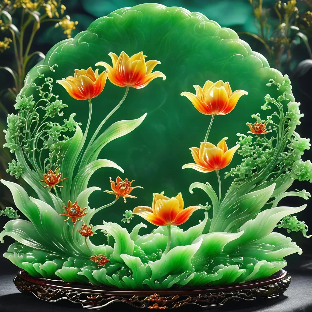 best quality, very good, 16K, ridiculous, Very detailed, Gorgeous((tulip)))，Made of translucent jadeite, Background grassland（（A masterpiece full of fantasy elements）））， （（best quality））， （（Intricate details））（8K）