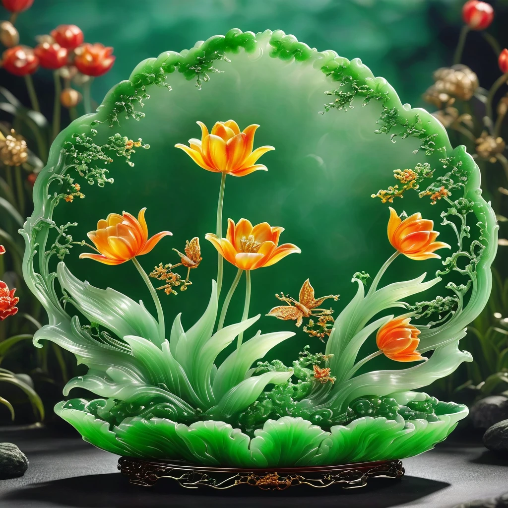 best quality, very good, 16K, ridiculous, Very detailed, Gorgeous((tulip)))，Made of translucent jadeite, Background grassland（（A masterpiece full of fantasy elements）））， （（best quality））， （（Intricate details））（8K）