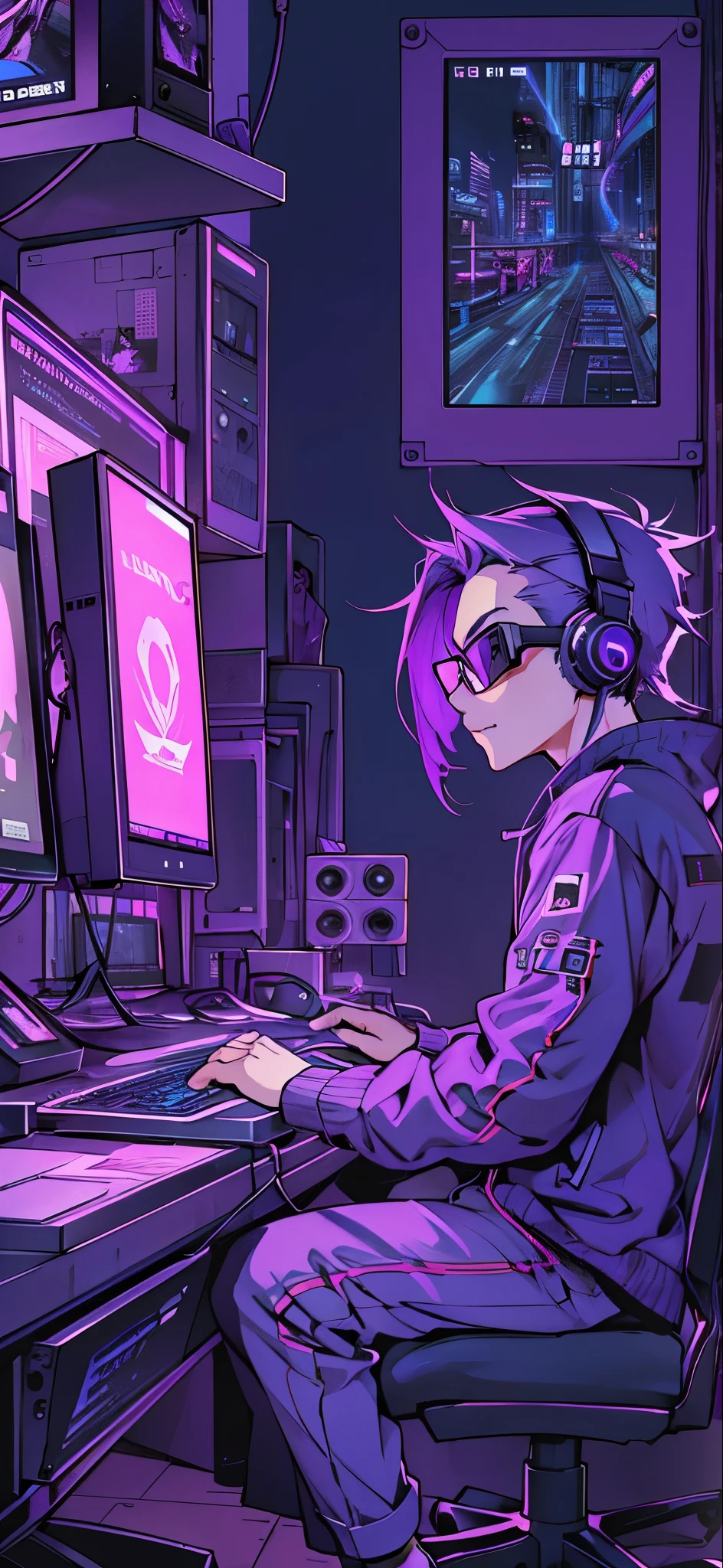 Inspired by the MBTI architect、A man in purple clothes playing video games on a powerful computer in his room。Cyber chic, stylish and cool。
