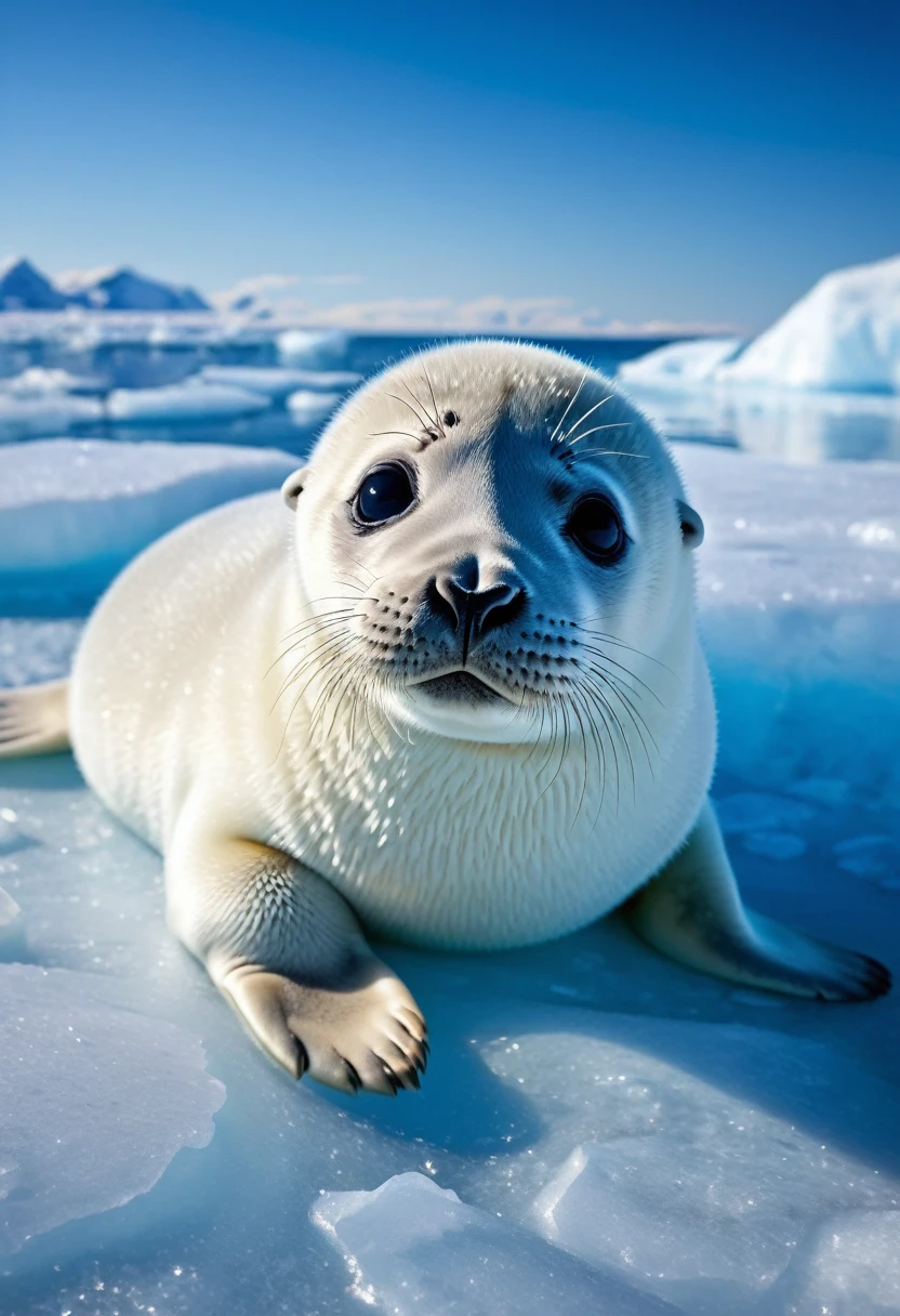 8K quality, ultra-high definition realism, pure white baby seal, on drift ice in the Arctic, clear skies, dazzling blue light, backlit, deep shadows, cute round black eyes, lying down facing the viewer, the sea is navy blue, particles of light sparkle around the baby seal, so cute, the white is dazzling.
