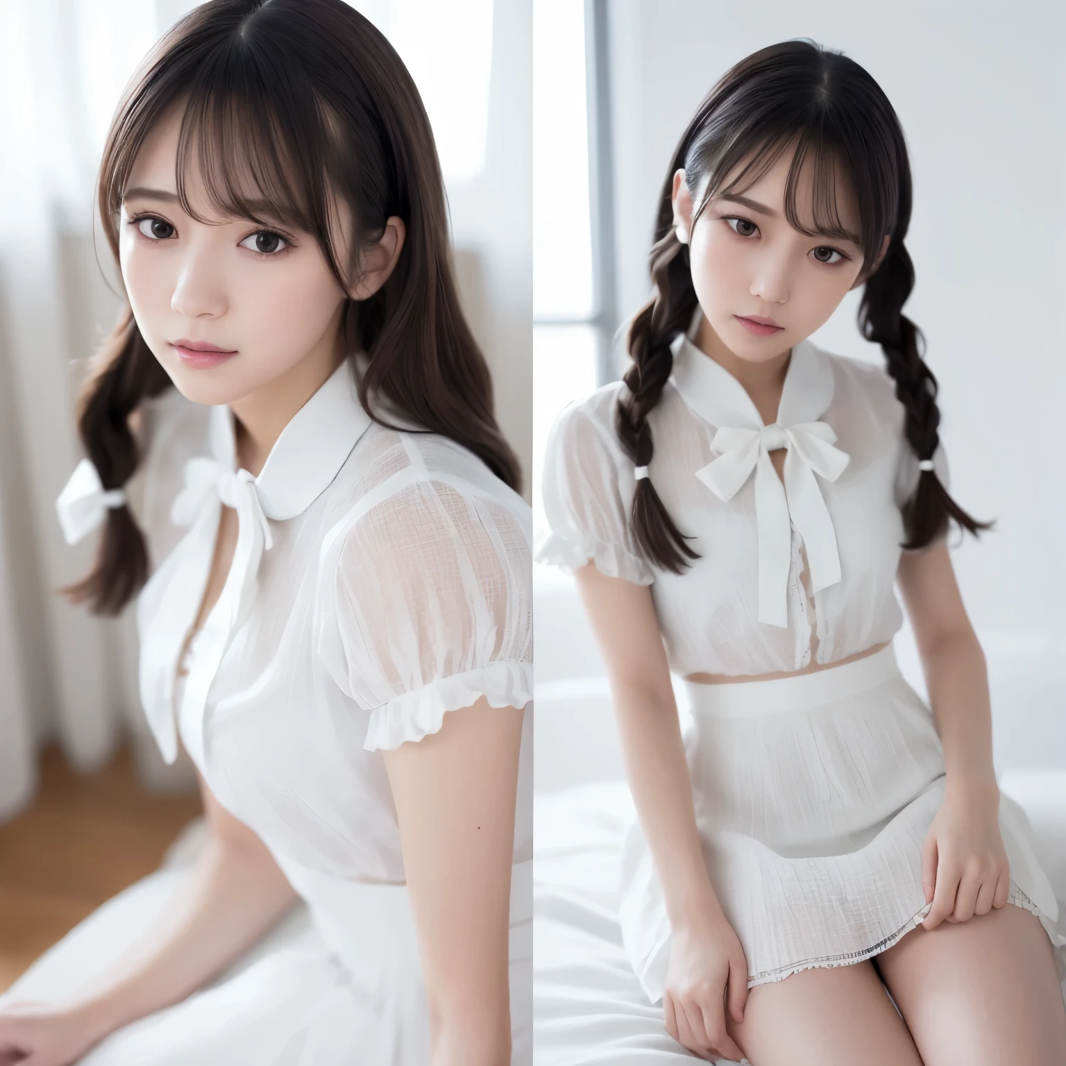 (masterpiece), (最high quality), (Very detailedな), (Best Shadow), (photoRealistic:1.4), Frilled blouse, skirt, white ankle socks, high quality, masterpiece, Very detailedな, High resolution, 4K, 超High resolution, Detailed Shadows, Ultra-realistic, Dramatic lighting, One Girl, alone, Detailed face, Realistic eyes, Realistic Skin, Dynamic Hair, Dynamic pose, Dynamic Angle, White floral dress, White Background, Urzan-6500-v1.1, (RAW Photos:1.2), ( Realistic:1.4), Beautiful detailed girl, Very detailed eyes and face, Beautiful attention to detail, Ridiculous, incredibly Ridiculous, Large file size, Very detailedな, High resolution, Very detailed, 最high quality, (Bright interior), (Soft Light), (Low contrast), (Shallow depth of field), (portrait of a beautiful woman illuminated by gentle light), (Very delicate and elegant depiction), (Short bangs), (Hair color is dark chestnut with a slight brown tinge), (Hair with subtle and gentle waves), (Small, intricate braids on the side of long hair), (Decorated with thin ribbons), ( White blouse with small frills), (bow tie), (青いロングskirt), (White short ankle socks), shape, Very detailed, CG, Unified, 8k wallpaper, wonderful, Finer details, 最high quality, Very detailed CG Unified 8k wallpaper, Face Light, Cinema Lighting, One Girl,