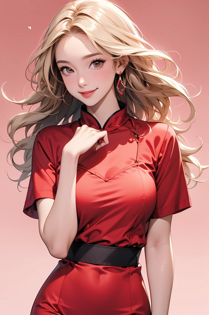 high resolution,smile,happy,light smile,woman,woman1人,adult,Clear,cute, Blonde Hair,BREAK, Brown eyes,BREAK,wavy hair,long hair,BREAK, Red Chinese dress,Short sleeve cheongsam,BREAK, Sparkly earrings, Facing forward,BREAK,Pink background,