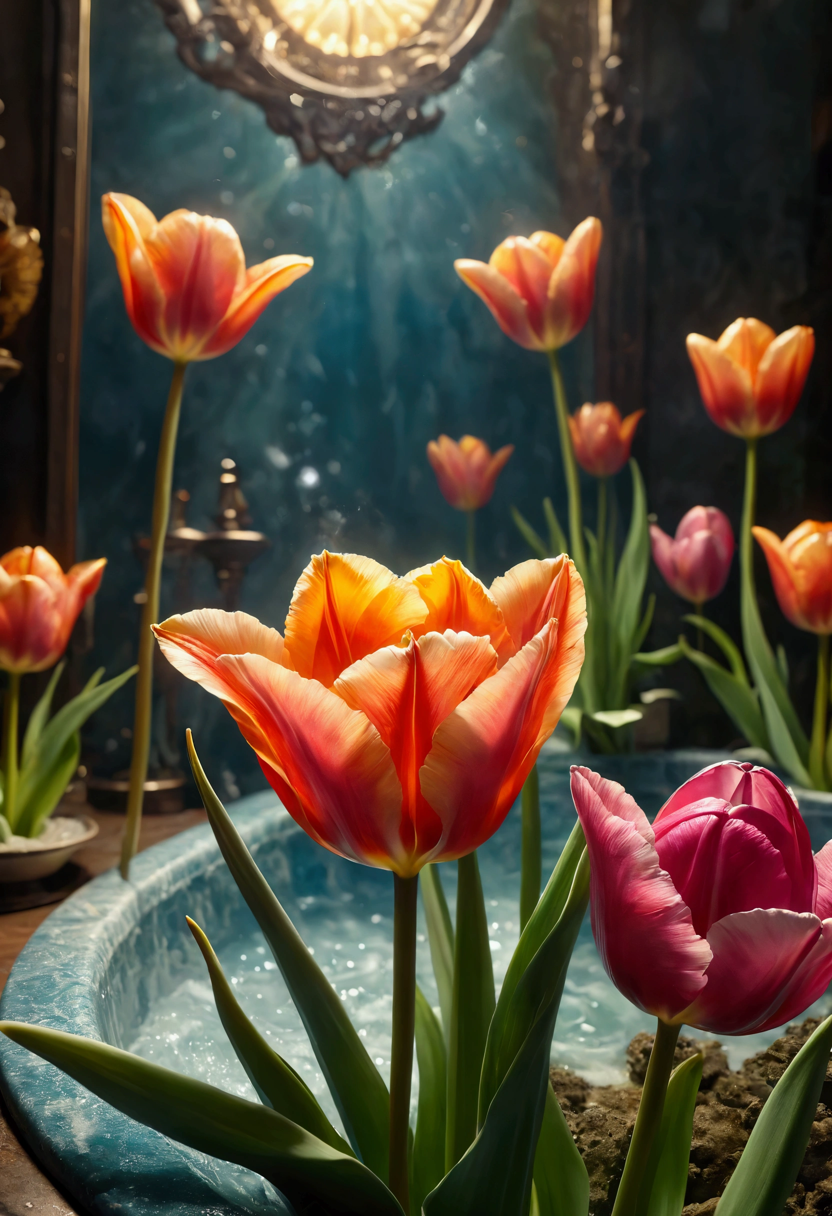 ((Masterpiece in maximum 16K resolution):1.6),((soft_color_photograpy:)1.5), ((Ultra-Detailed):1.4),((Movie-like still images and dynamic angles):1.3). | (Macro shot cinematic photo of beautiful female in a jacuzzi full of tulip), (Beautiful Female), (a jacuzzi full of tulip), (focus on the jacuzzi full of tulip), (macro lens), (exotic antiques), (Dark Candles), (luminous object), (Mysterious atmosphere), (shimmer), (aesthetic bath room accesories), (visual experience),(Realism), (Realistic),award-winning graphics, dark shot, film grain, extremely detailed, Digital Art, rtx, Unreal Engine, scene concept anti glare effect, All captured with sharp focus. | Rendered in ultra-high definition with UHD and retina quality, this masterpiece ensures anatomical correctness and textured skin with super detail. With a focus on high quality and accuracy, this award-winning portrayal captures every nuance in stunning 16k resolution, immersing viewers in its lifelike depiction. | ((perfect_composition, perfect_design, perfect_layout, perfect_detail, ultra_detailed)), ((enhance_all, fix_everything)), More Detail, Enhance.