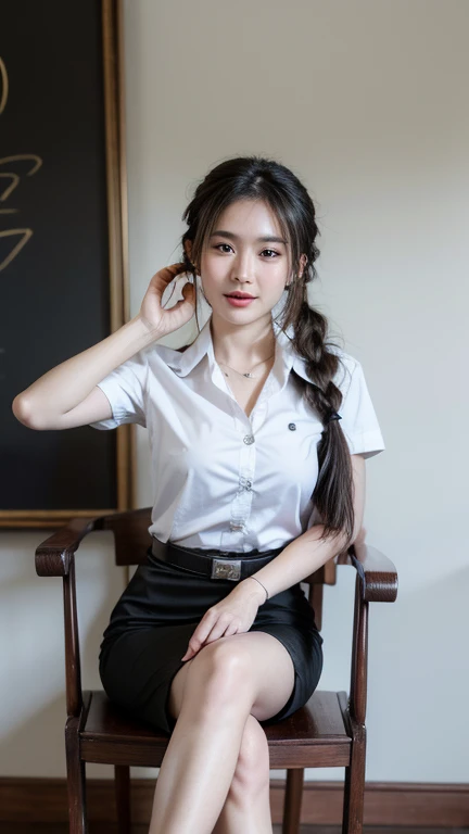 Pretty thai woman Sitting on a wooden chair , (8k, best quality, masterpiece, ultra highres:1.2) Photo of Pretty thai woman beautiful, beautiful enchanting fashion contemporary painting with , (1girl), (white shirt short sleeves), ((black pencil skirt)), belt , , blonde hair, , realistic skin texture , round chin, 85 mm art lens, f 1. 2, sharp focus, 8 k high definition, insanely detailed, intricate, elegant, large breasts, big breasts , black skirt , twin tails hair