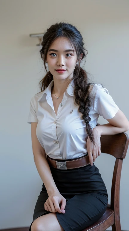 Pretty thai woman Sitting on a wooden chair , (8k, best quality, masterpiece, ultra highres:1.2) Photo of Pretty thai woman beautiful, beautiful enchanting fashion contemporary painting with , (1girl), (white shirt short sleeves), ((black pencil skirt)), belt , , blonde hair, , realistic skin texture , round chin, 85 mm art lens, f 1. 2, sharp focus, 8 k high definition, insanely detailed, intricate, elegant, large breasts, big breasts , black skirt , twin tails hair