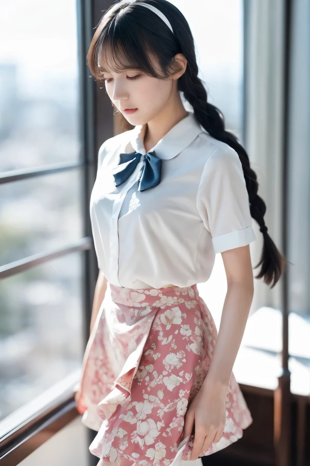 (masterpiece), (最high quality), (Very detailed), (Best Shadow), (photoRealistic:1.4), Frilled blouse, skirt, white ankle socks, (((((A long shot of a woman walking slowly))))), White floral dress, (Bright interior), (Soft Light), (Low contrast), (Shallow depth of field), (portrait of a beautiful woman illuminated by gentle light), (Very delicate and elegant depiction), (Short bangs), (Hair color is dark chestnut with a slight brown tinge), (Hair with subtle and gentle waves), (Small, intricate braids on the side of long hair), (Decorated with thin ribbons), ( White blouse with small frills), (bow tie), (青いロングskirt), (White short ankle socks), Cinema Lighting, One Girl, , high quality, masterpiece, Very detailed, High resolution, 4K, 超High resolution, Detailed Shadows, Ultra-realistic, Dramatic lighting, One Girl, alone, Detailed face, Realistic eyes, Realistic Skin, Dynamic Hair, Dynamic pose, Dynamic Angle, White floral dress, White Background, Urzan-6500-v1.1, (RAW Photos:1.2), ( Realistic:1.4), Beautiful detailed girl, very detailed eyes and face, Beautiful attention to detail, Ridiculous, incredibly Ridiculous, Large file size, Very detailed,