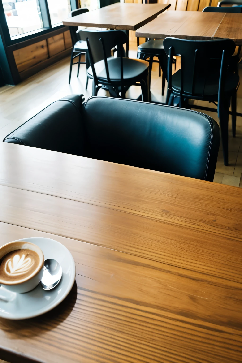 A cafe environment. table top in a cafe. bird's eye view camera angle. ultra realistic