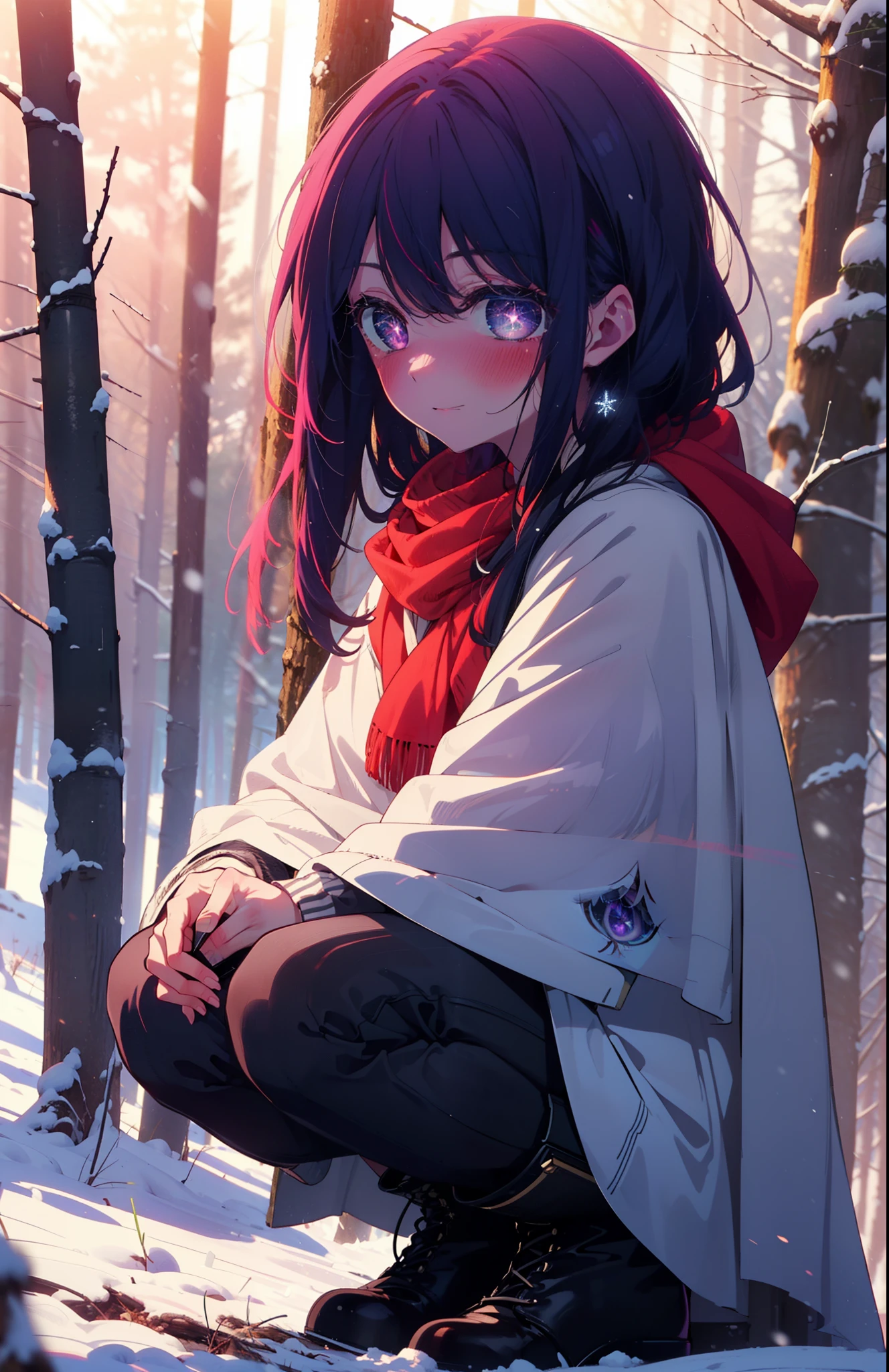 aihoshino, Ai Hoshino, Long Hair, bangs, (Purple eyes:1.1), Purple Hair, (Symbol-shaped pupil:1.5), smile,,smile,blush,white breath,
Open your mouth,snow,Ground bonfire, Outdoor, boots, snowing, From the side, wood, suitcase, Cape, Blurred, , forest, White handbag, nature,  Squat, Mouth closed, Cape, winter, Written boundary depth, Black shoes, red Cape break looking at viewer, Upper Body, whole body, break Outdoor, forest, nature, break (masterpiece:1.2), Highest quality, High resolution, unity 8k wallpaper, (shape:0.8), (Beautiful and beautiful eyes:1.6), Highly detailed face, Perfect lighting, Highly detailed CG, (Perfect hands, Perfect Anatomy),