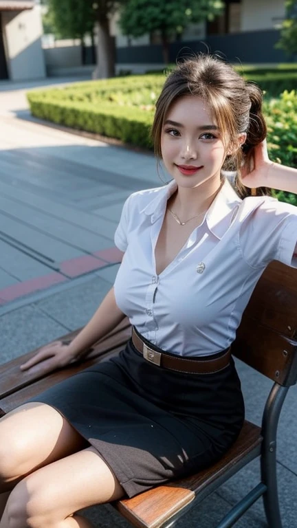 Pretty thai woman Sitting on a wooden chair , (8k, best quality, masterpiece, ultra highres:1.2) Photo of Pretty thai woman beautiful, beautiful enchanting fashion contemporary painting with , (1girl), (white shirt short sleeves), ((black pencil skirt)), belt , , blonde hair, , realistic skin texture , round chin, 85 mm art lens, f 1. 2, sharp focus, 8 k high definition, insanely detailed, intricate, elegant, large breasts, big breasts , black skirt , twin tails hair