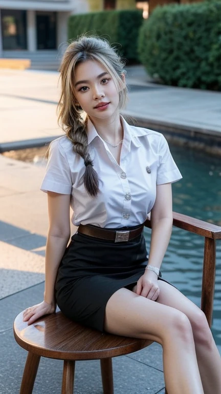 Pretty thai woman Sitting on a wooden chair , (8k, best quality, masterpiece, ultra highres:1.2) Photo of Pretty thai woman beautiful, beautiful enchanting fashion contemporary painting with , (1girl), (white shirt short sleeves), ((black pencil skirt)), belt , , blonde hair, , realistic skin texture , round chin, 85 mm art lens, f 1. 2, sharp focus, 8 k high definition, insanely detailed, intricate, elegant, large breasts, big breasts , black skirt , twin tails hair