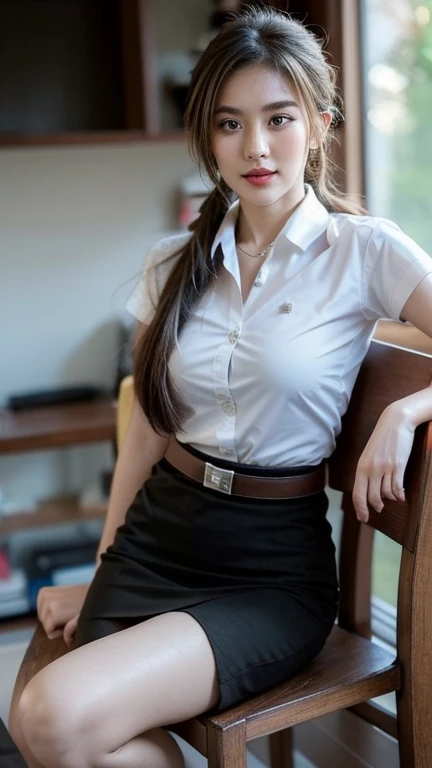 Pretty thai woman Sitting on a wooden chair , (8k, best quality, masterpiece, ultra highres:1.2) Photo of Pretty thai woman beautiful, beautiful enchanting fashion contemporary painting with , (1girl), (white shirt short sleeves), ((black pencil skirt)), belt , , blonde hair, , realistic skin texture , round chin, 85 mm art lens, f 1. 2, sharp focus, 8 k high definition, insanely detailed, intricate, elegant, large breasts, big breasts , black skirt , twin tails hair