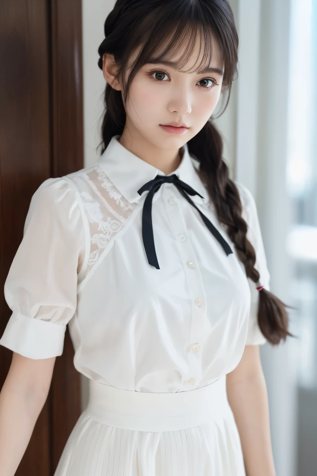 (masterpiece), (最high quality), (Very detailed), (Best Shadow), (photoRealistic:1.4), Frilled blouse, skirt, white ankle socks, (((((A long shot of a woman walking slowly))))), White floral dress, (Bright interior), (Soft Light), (Low contrast), (Shallow depth of field), (portrait of a beautiful woman illuminated by gentle light), (Very delicate and elegant depiction), (Short bangs), (Hair color is dark chestnut with a slight brown tinge), (Hair with subtle and gentle waves), (Small, intricate braids on the side of long hair), (Decorated with thin ribbons), ( White blouse with small frills), (bow tie), (青いロングskirt), (White short ankle socks), Cinema Lighting, One Girl, , high quality, masterpiece, Very detailed, High resolution, 4K, 超High resolution, Detailed Shadows, Ultra-realistic, Dramatic lighting, One Girl, alone, Detailed face, Realistic eyes, Realistic Skin, Dynamic Hair, Dynamic pose, Dynamic Angle, White floral dress, White Background, Urzan-6500-v1.1, (RAW Photos:1.2), ( Realistic:1.4), Beautiful detailed girl, very detailed eyes and face, Beautiful attention to detail, Ridiculous, incredibly Ridiculous, Large file size, Very detailed,