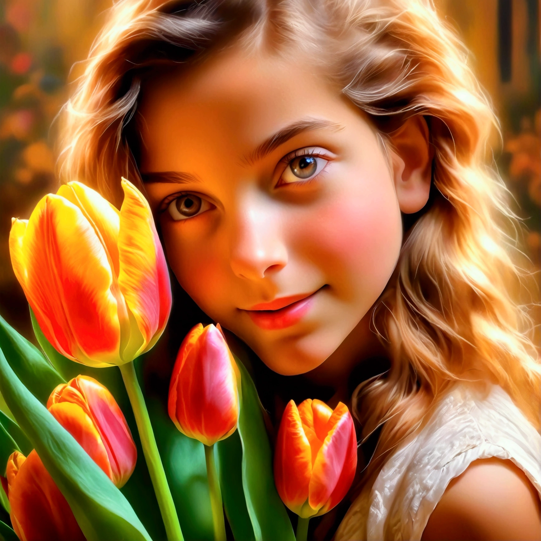 masterpiece, best quality, 8k, high detail, 1girl, holding Tulip, detailed,photorealistic,high quality,macro photography,vibrant colors,sharp focus,HDR,natural lighting,organic textures,glossy surface,juicy,ripe,fresh,realistic,studio lighting,