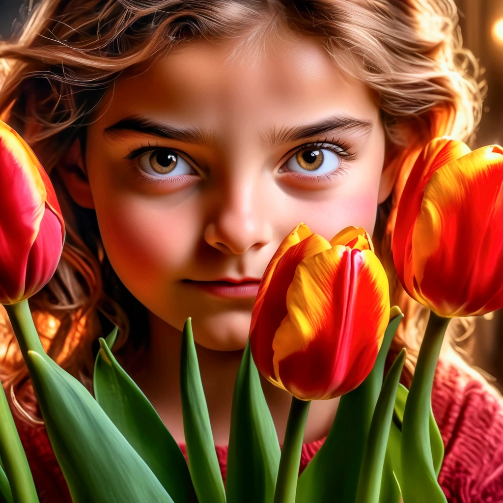 masterpiece, best quality, 8k, high detail, 1girl, holding Tulip, detailed,photorealistic,high quality,macro photography,vibrant colors,sharp focus,HDR,natural lighting,organic textures,glossy surface,juicy,ripe,fresh,realistic,studio lighting,