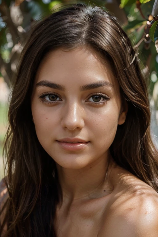 A close-up portrait of a stunning 23-year-old Australian woman with an enchanting beauty that is both fresh and alluring. She is facing directly forward, revealing a perfectly symmetrical and radiant face. Her eyes are a striking shade of hazel, large and almond-shaped, framed by long, dark lashes that give her gaze a captivating and warm depth. Her eyebrows, naturally arched and a rich dark brown, complement her expressive eyes and add to her youthful charm.
Her nose is delicate and straight, harmonizing perfectly with her soft features. Her full lips, naturally pink and slightly glossy, are curved into a gentle yet irresistibly attractive smile, highlighting her playful yet inviting nature. Her skin has a healthy, sun-kissed glow, typical of the Australian outdoors, with a smooth and flawless texture that radiates health and vitality.
Her hair, a rich, glossy dark brown, falls in loose waves around her shoulders, neatly styled away from her face to fully showcase her features. The strands catch the light, adding an extra dimension of shine that contrasts beautifully with her golden-tanned complexion. The background is a solid, neutral color like soft beige or pale blue, ensuring her radiant face remains the focal point.
The image is framed in a bust shot, with a close-up that emphasizes the natural beauty and striking features of her face. Her shoulders are slightly visible