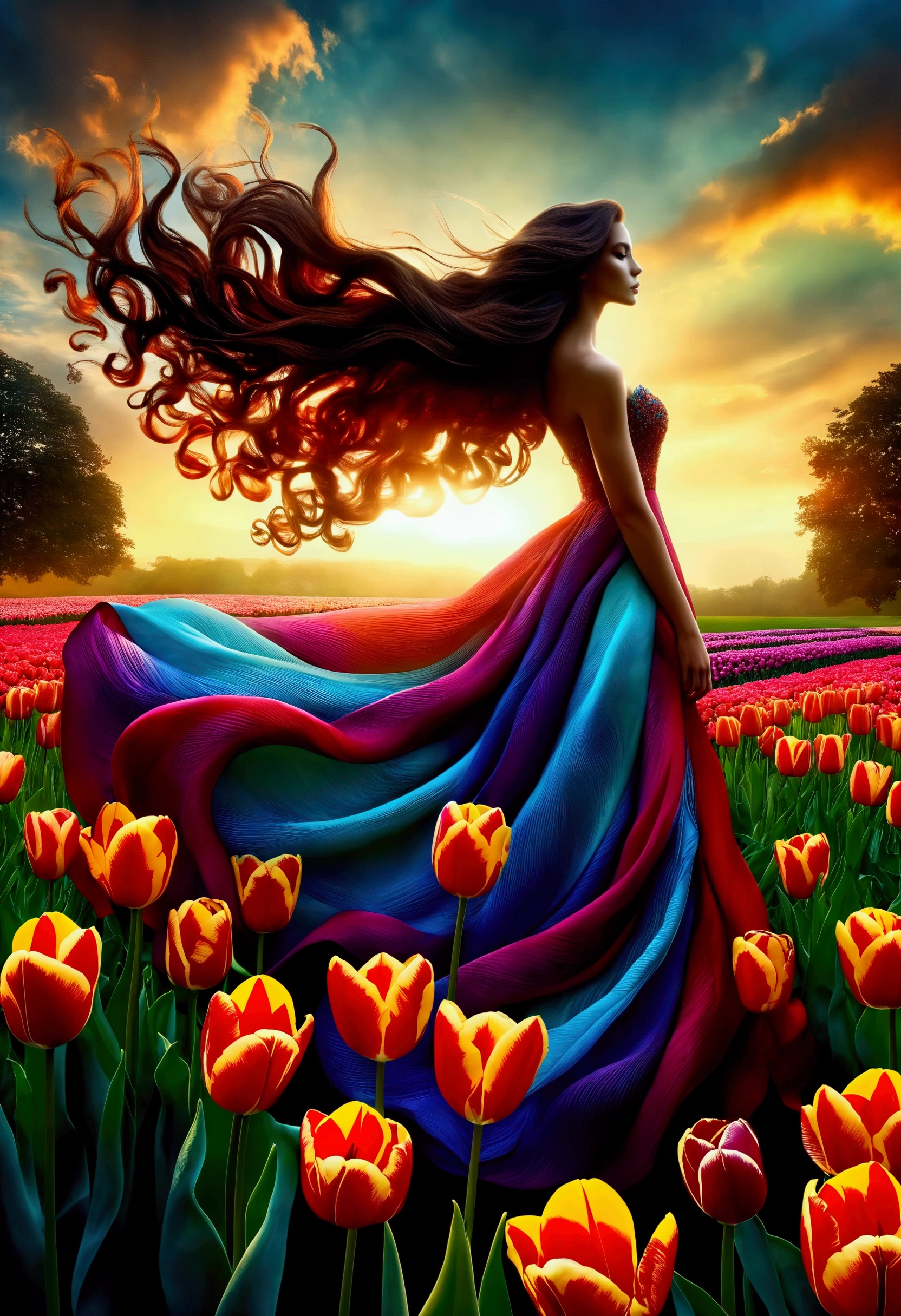 Beautiful woman, long hair, loose curls, graceful pose, the dress made of tulips, tulips in 10 colours, vibrant colours, silhouette flowing along body, graceful pose, flower garden, mysterious atmosphere, detailed petals, graceful, elegant, flower garden, sky, clouds, sophisticated, digital art, artwork, HDR, Masterpiece, Best Quality, high Detailes, 8K