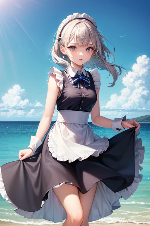 (master_piece, high_quality, beautiful, super delicate, absurdres:1.2), 1girl, mature, , beautiful face, ahoge, hair fluttering in the wind, white hair, blue eye, (long maid suit, long skirt, The wind is blowing, Skirt flipped up, I can see your underwear, skirt that flipped in the wind, skirt billowing, I can see your underwear, wind lift:1.2), port, (clear water, gemstone sea:1.2), Ship in the distance, The trails that planes make, blue sky, Sunshine, street in the distance,