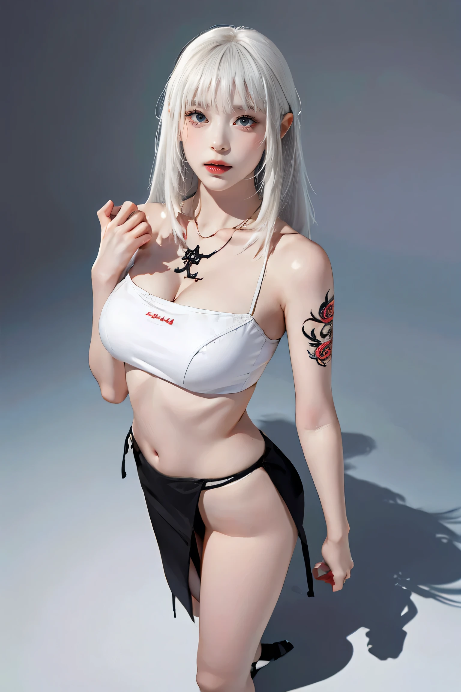 ((Woman with tattoo on chest)), girl, ((long white hair with bangs,,, Black strands of hair)), Purple eyes, White T-shirt and panties, Pendant around the neck. 超High resolution.Realistic. 超High resolution.Realistic:1.4,超High resolution. Realistic，High resolutionで, masterpiece, Highest quality, Very detailed, Better Shadows, Volumetric lighting), super high quality, High resolution, 8k, Ultra-Realistic Portraits , Realistic, Dynamic Lighting, Volumetric lighting, Very detailed顔,(Browsing Caution:1.0), Full Body Stand Posture, Thin legs, ((Large Breasts)), Detailed facial details, Natural and beautiful standing posture,