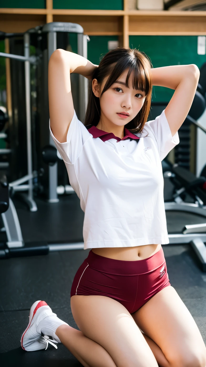 8K、High resolution、masterpiece、Realistic、In detail、Fine texture、Head-to-toe portrait、High Contrast、alone、high school girl、Natural body shape、White skin、Natural Makeup、Black Hair、bangs、Straight Long Hair、((School-designated gym clothes))((The upper body is a long-hemmed white gym uniform.、Short sleeve、There is a wine red line、))、((The lower half of the body is wine red tight bloomers))、Sit with your legs apart、、(((I tucked the bottom of my gym clothes into my bloomers..、push into)))、Raise your knees、Bend your legs、Big Breasts、、((The upper body is wearing gym clothes))、((School classroom))、Looking into the camera、、Full body photo、Focus on the groin、Exposing thighs、White shoes下、White shoes、Keep your buttocks on the floor、Place your hands on the floor、((Her white panties are slightly visible from the edge of her bloomers..))